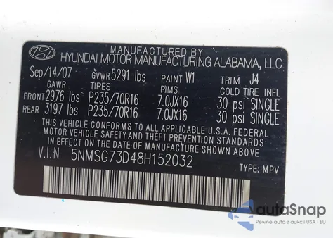 2008 Hyundai Santa Fe Gls из США, поврежденный, VIN 5NMSG73D48H152032